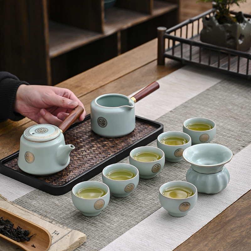Set ceai Ru Kiln Kung Fu din porțelan premium: ceainic cu capac, cești, cutie cadou pentru birou