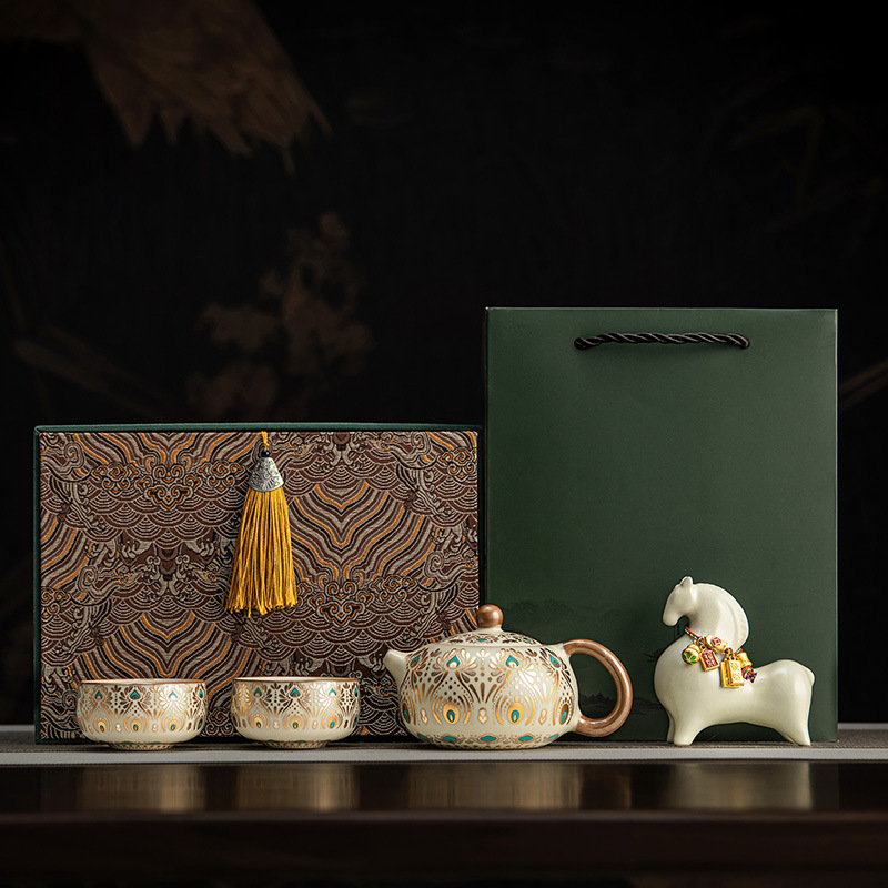 Új Ru Kiln Dunhuang teáskészlet kerámia teáskannával, díszített zománc dekorral, otthoni használatra, kiegészítők a tea ceremóniához