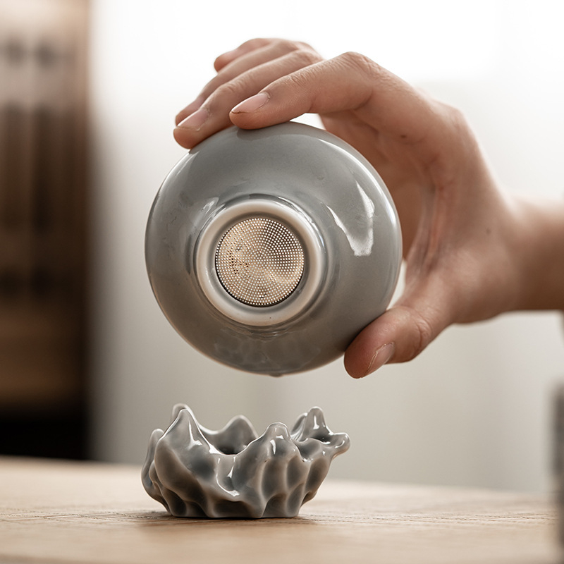 Set ceramic de filtrare ceai în stil japonez, glazură gri-înghețată, cu infuzor și filtru pentru frunze de ceai