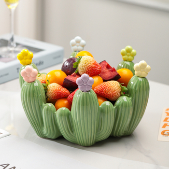 Set ceramic pentru fructe în formă de cactus: farfurie pentru fructe și furculițe de desert cu recipient de depozitare