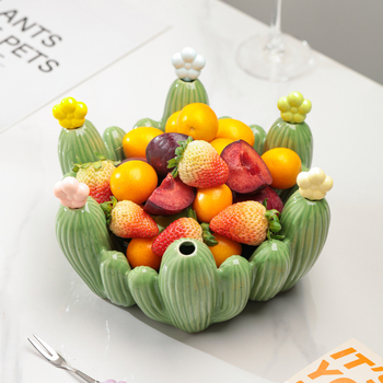 Set ceramic pentru fructe în formă de cactus: farfurie pentru fructe și furculițe de desert cu recipient de depozitare