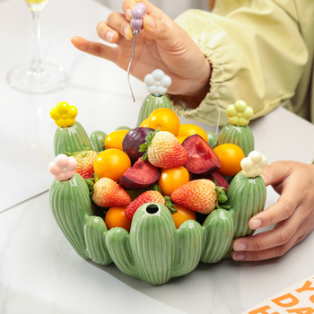 Set ceramic pentru fructe în formă de cactus: farfurie pentru fructe și furculițe de desert cu recipient de depozitare