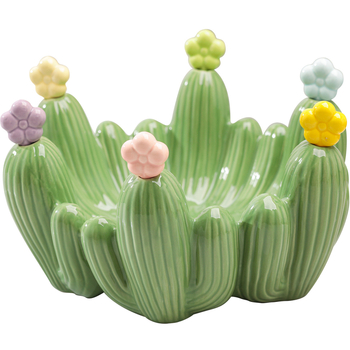 Set ceramic pentru fructe în formă de cactus: farfurie pentru fructe și furculițe de desert cu recipient de depozitare