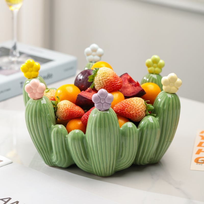 Set ceramic pentru fructe în formă de cactus: farfurie pentru fructe și furculițe de desert cu recipient de depozitare