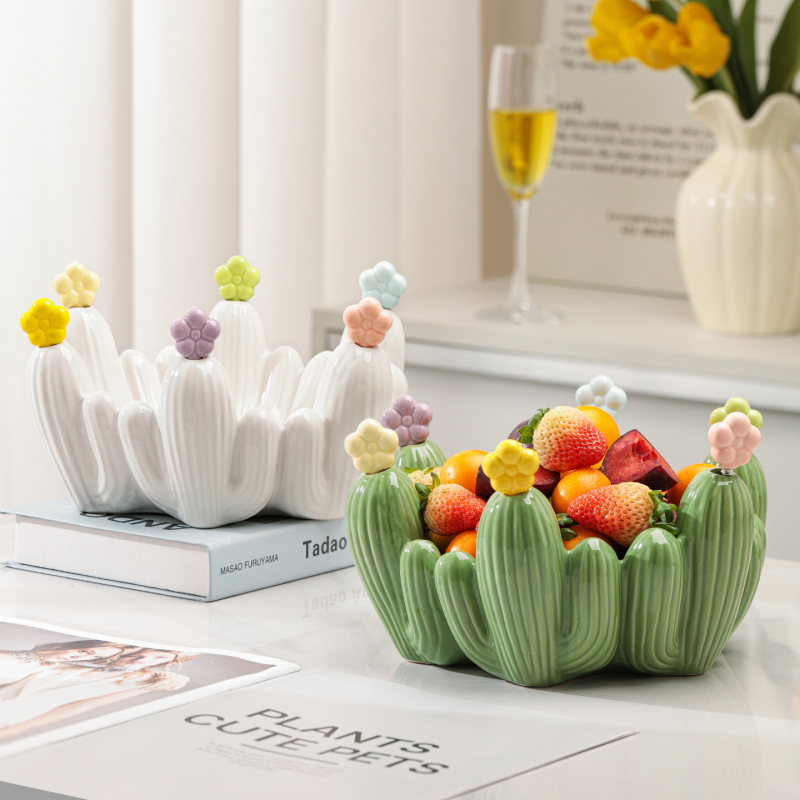 Set ceramic pentru fructe în formă de cactus: farfurie pentru fructe și furculițe de desert cu recipient de depozitare