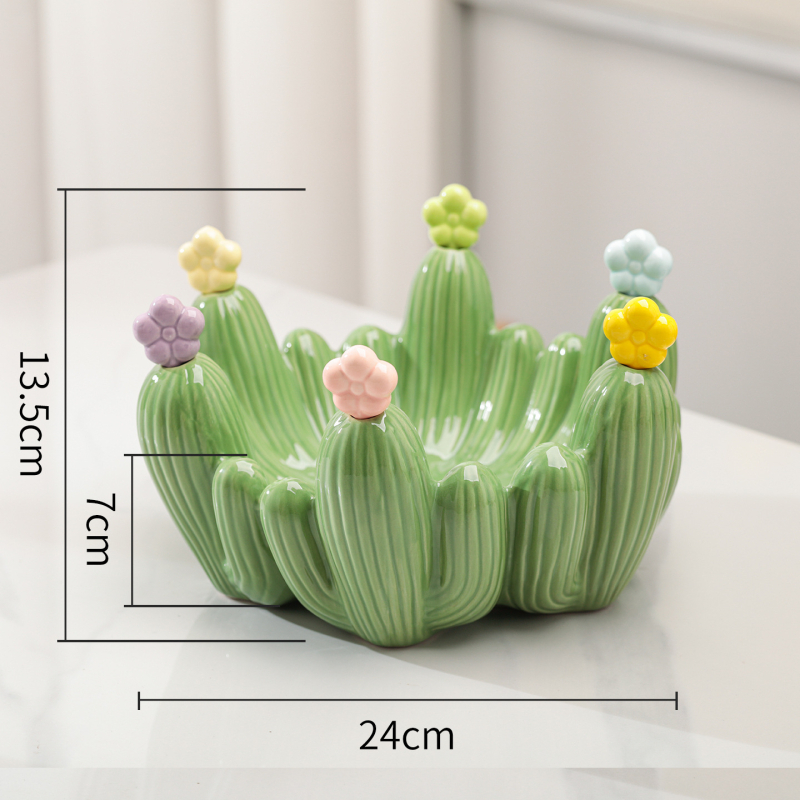 Set ceramic pentru fructe în formă de cactus: farfurie pentru fructe și furculițe de desert cu recipient de depozitare