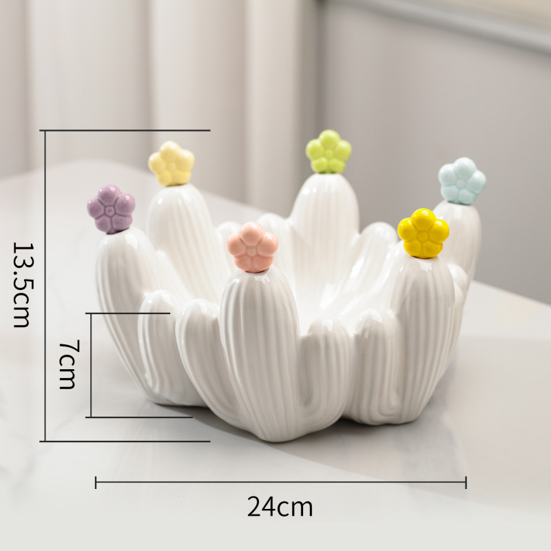 Set ceramic pentru fructe în formă de cactus: farfurie pentru fructe și furculițe de desert cu recipient de depozitare