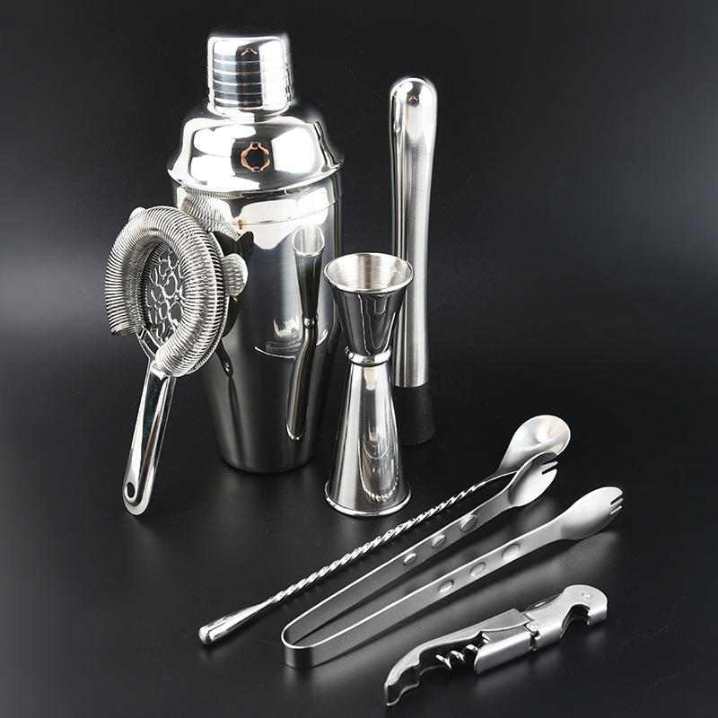 Set din oțel inoxidabil Boston shaker pentru cocktail, 7 piese, cu clești pentru gheață și strecurătoare