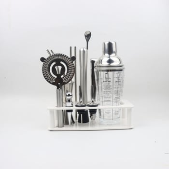 Set de 14 piese pentru cocktailuri, cu suport ABS, shaker din sticlă, strecurător de gheață și cuțit, furculiță și lingură