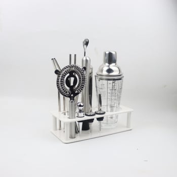 Set de 14 piese pentru cocktailuri, cu suport ABS, shaker din sticlă, strecurător de gheață și cuțit, furculiță și lingură