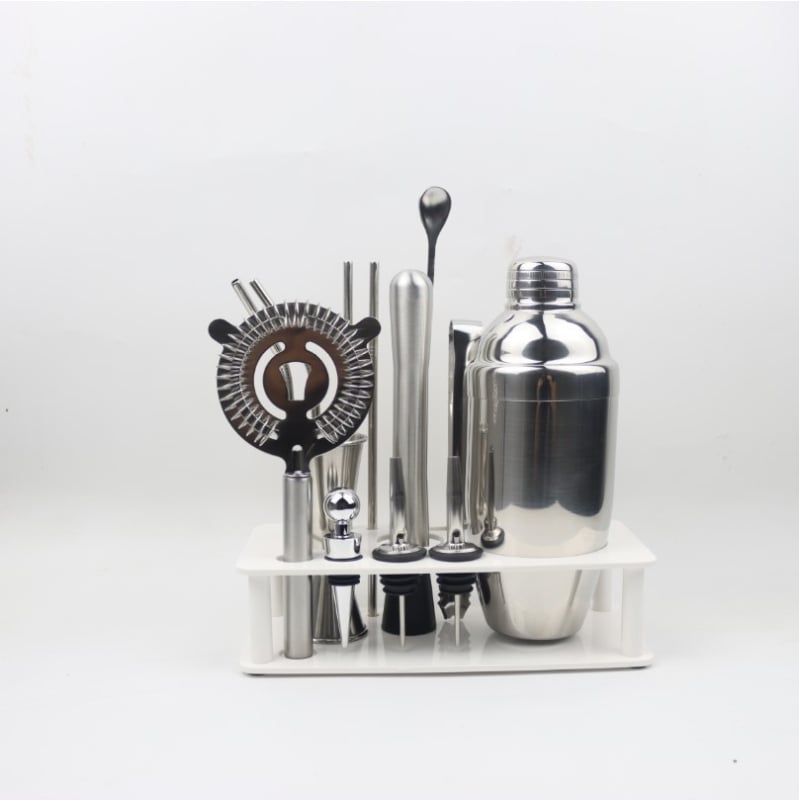 Set de 14 piese pentru cocktailuri, cu suport ABS, shaker din sticlă, strecurător de gheață și cuțit, furculiță și lingură