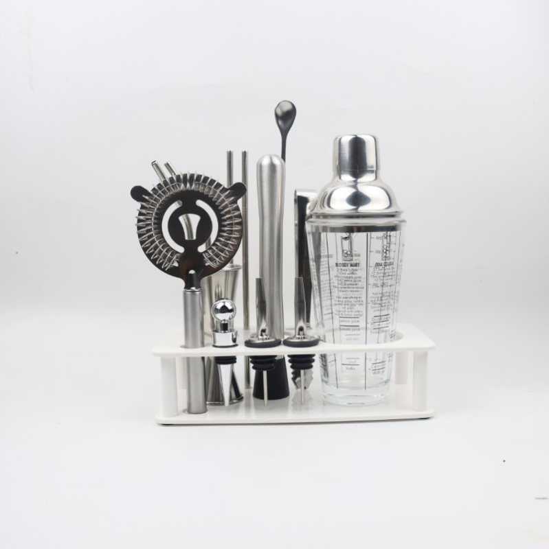 Set de 14 piese pentru cocktailuri, cu suport ABS, shaker din sticlă, strecurător de gheață și cuțit, furculiță și lingură