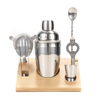 Set shaker din oțel inoxidabil cu suport din lemn, 7 piese pentru bar: shaker, lingură de bar, ceașcă de măsurat, strecurător pentru gheață