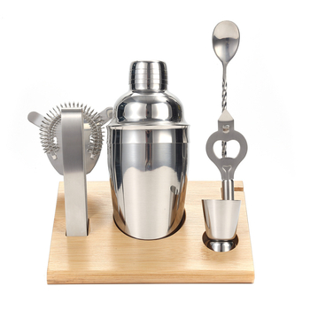 Set shaker din oțel inoxidabil cu suport din lemn, 7 piese pentru bar: shaker, lingură de bar, ceașcă de măsurat, strecurător pentru gheață