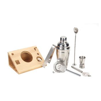 Set shaker din oțel inoxidabil cu suport din lemn, 7 piese pentru bar: shaker, lingură de bar, ceașcă de măsurat, strecurător pentru gheață