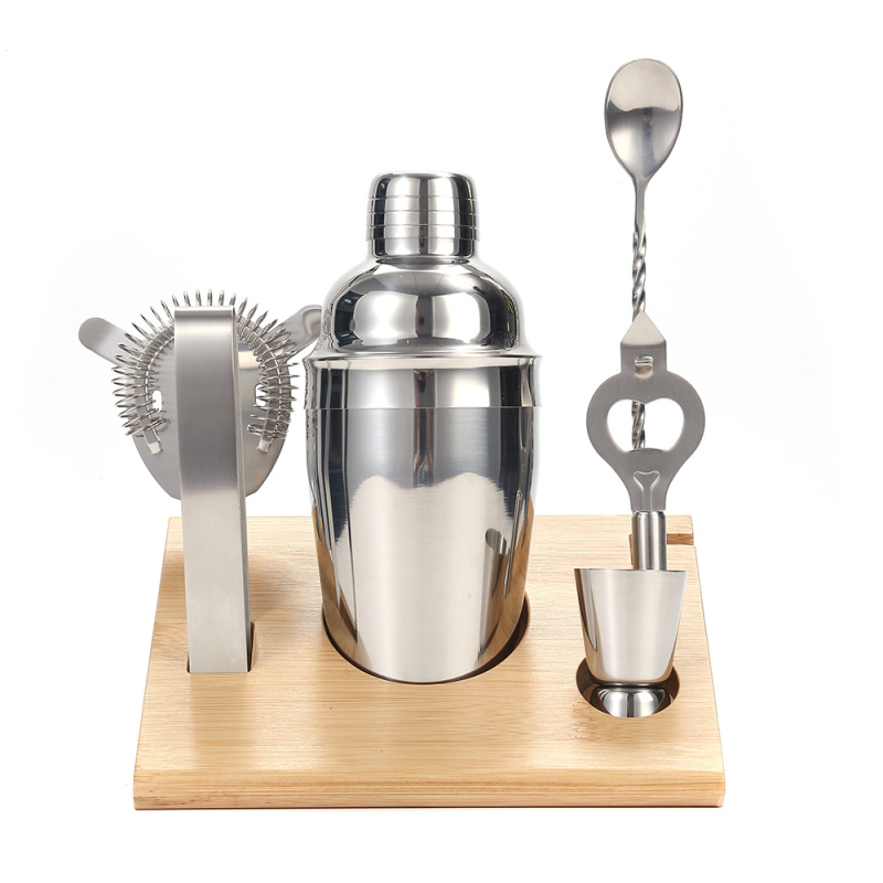 Set shaker din oțel inoxidabil cu suport din lemn, 7 piese pentru bar: shaker, lingură de bar, ceașcă de măsurat, strecurător pentru gheață