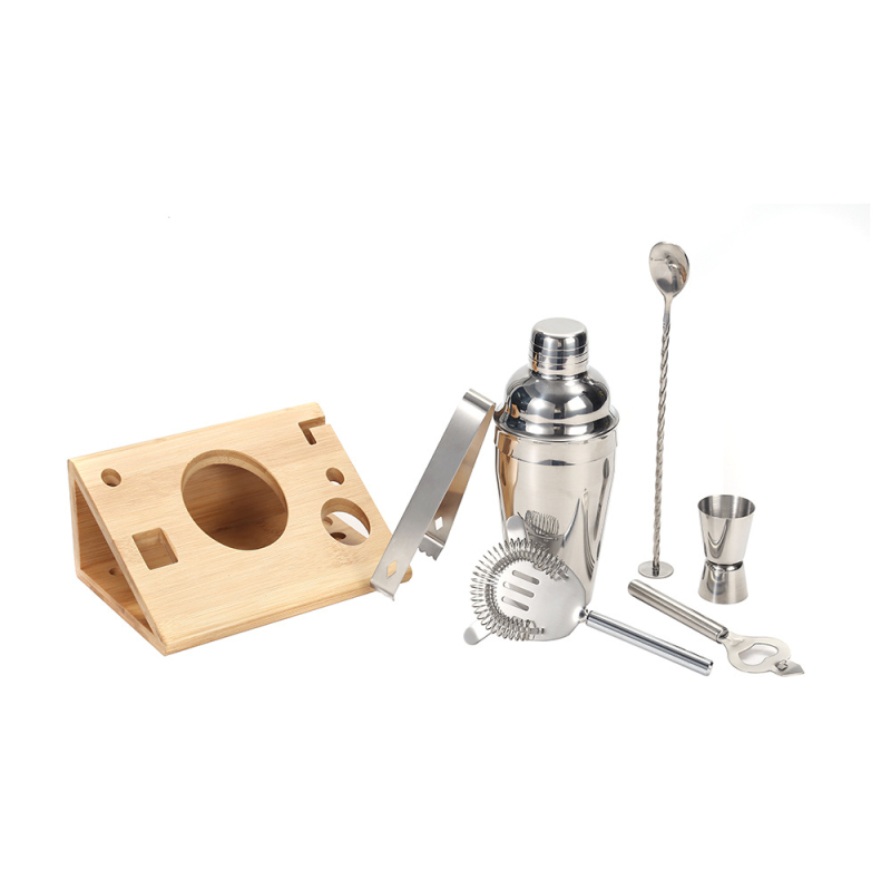 Set shaker din oțel inoxidabil cu suport din lemn, 7 piese pentru bar: shaker, lingură de bar, ceașcă de măsurat, strecurător pentru gheață