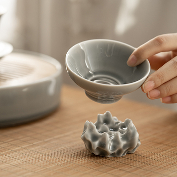 Filtru de ceai în stil japonez, glazură gri, filtru integrat și accesorii ceramice pentru ceai