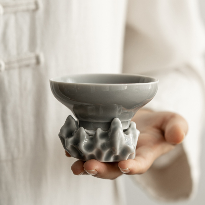 Filtru de ceai în stil japonez, glazură gri, filtru integrat și accesorii ceramice pentru ceai