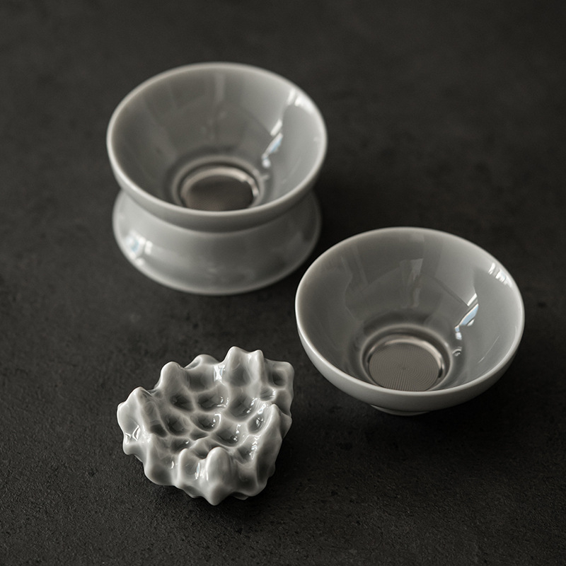 Filtru de ceai în stil japonez, glazură gri, filtru integrat și accesorii ceramice pentru ceai