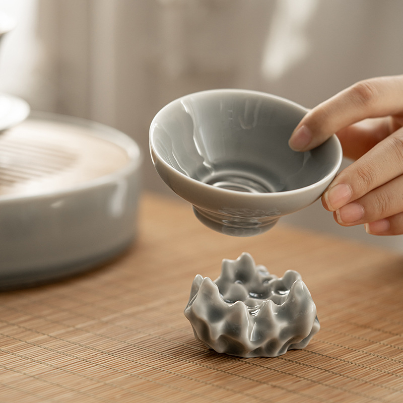 Filtru de ceai în stil japonez, glazură gri, filtru integrat și accesorii ceramice pentru ceai