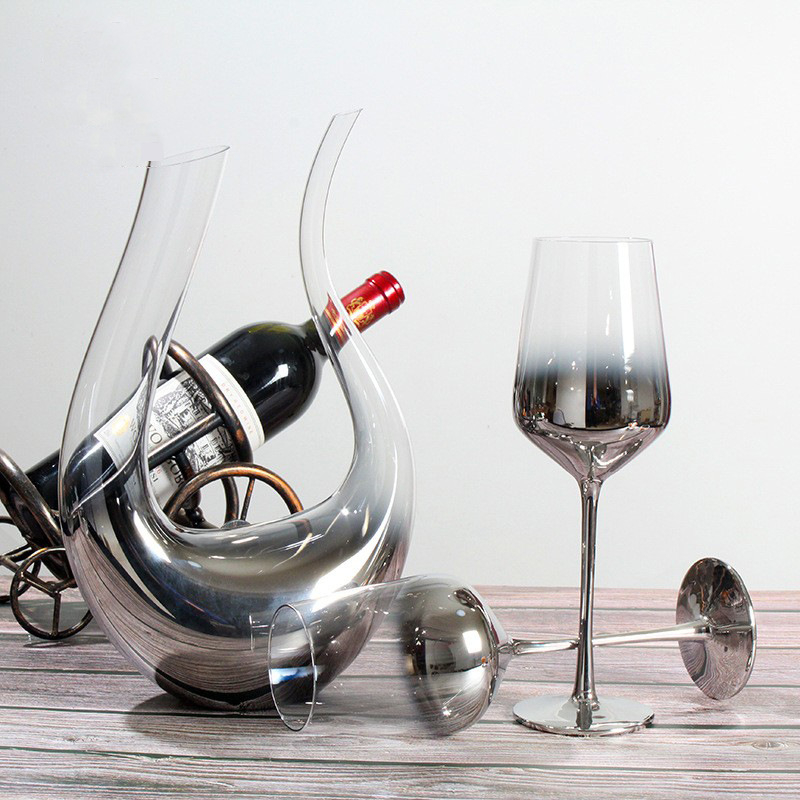 Sticlă de cristal cu gradient argintiu-gri electroplacat, stil american, pahar de vin înalt cu decantator – set