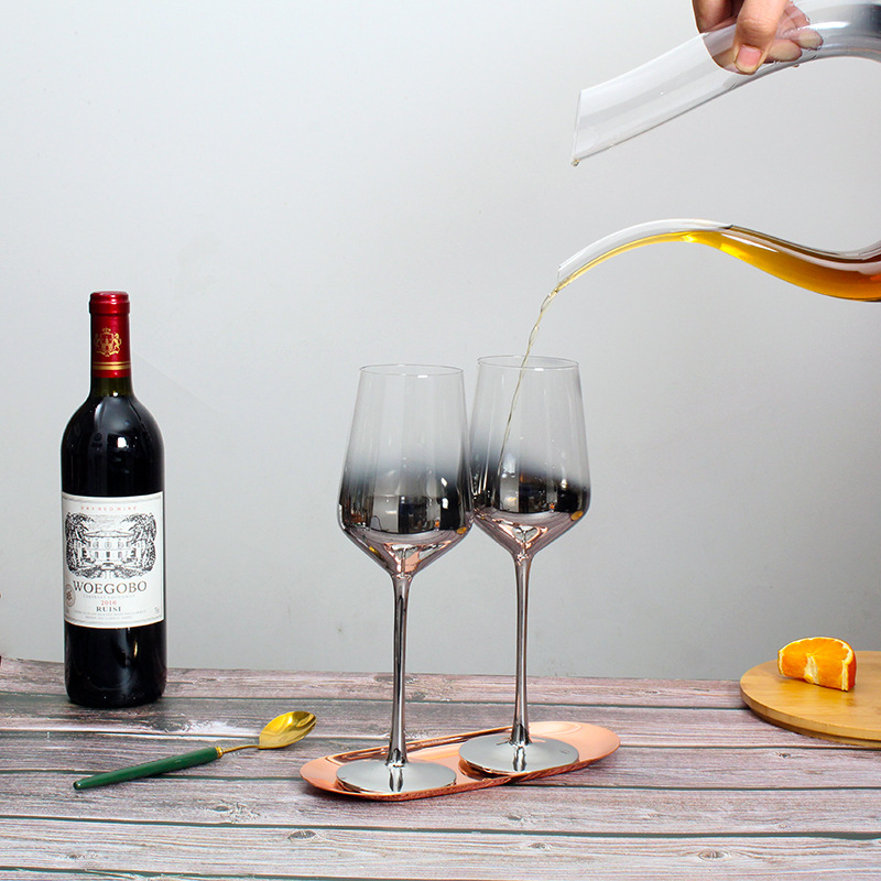 Sticlă de cristal cu gradient argintiu-gri electroplacat, stil american, pahar de vin înalt cu decantator – set