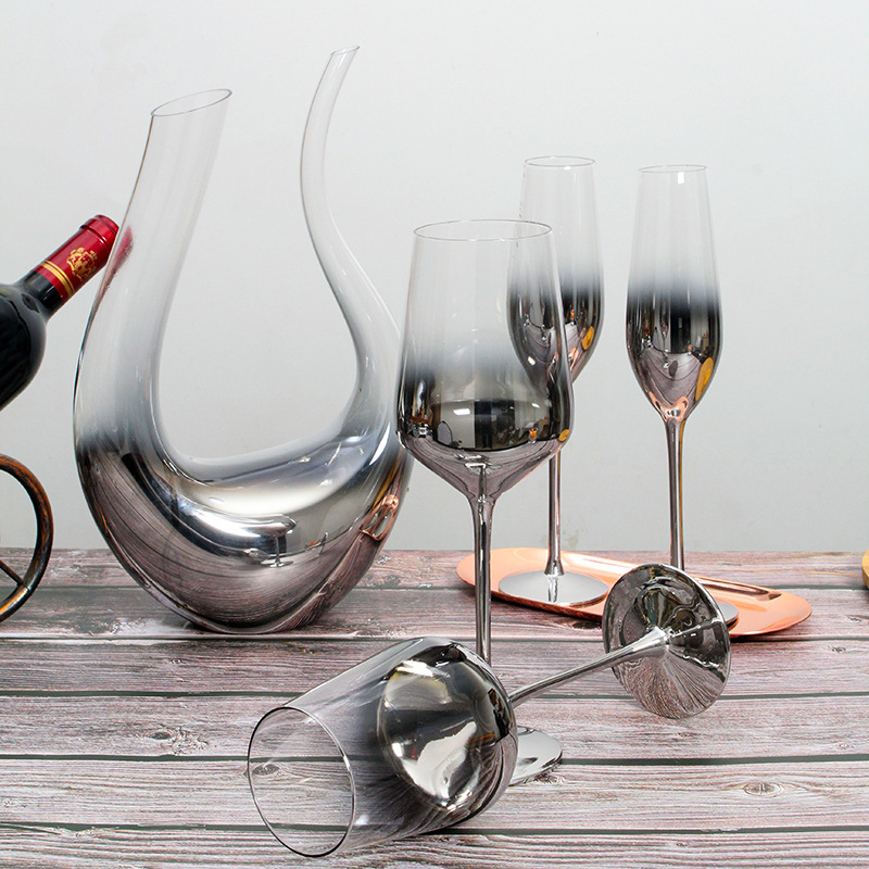 Sticlă de cristal cu gradient argintiu-gri electroplacat, stil american, pahar de vin înalt cu decantator – set