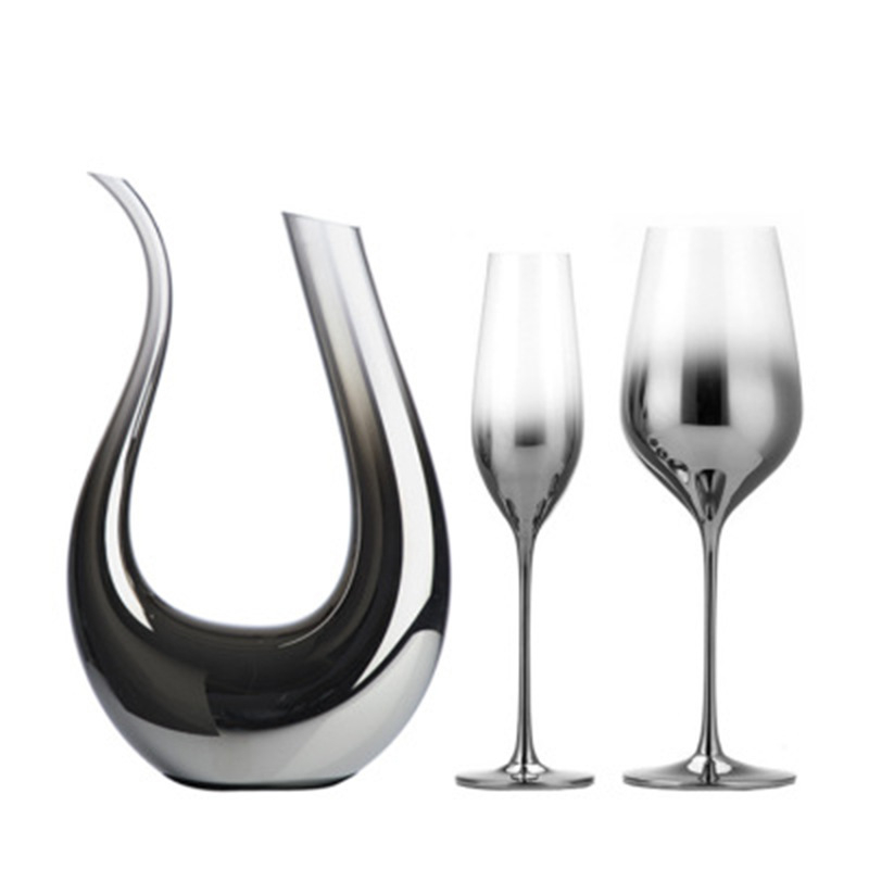 Sticlă de cristal cu gradient argintiu-gri electroplacat, stil american, pahar de vin înalt cu decantator – set