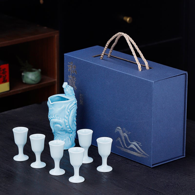 Set ceramic pentru unelte de vin, 8 piese, cutie cadou elegantă din porțelan, pahare de vin și dispozitiv de turnare