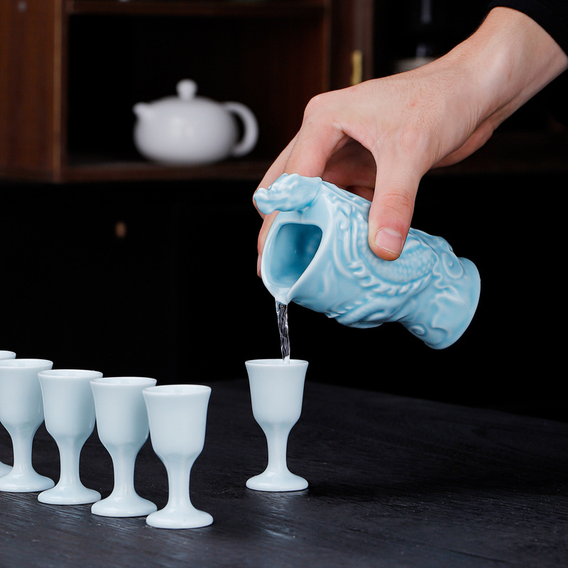 Set ceramic pentru unelte de vin, 8 piese, cutie cadou elegantă din porțelan, pahare de vin și dispozitiv de turnare