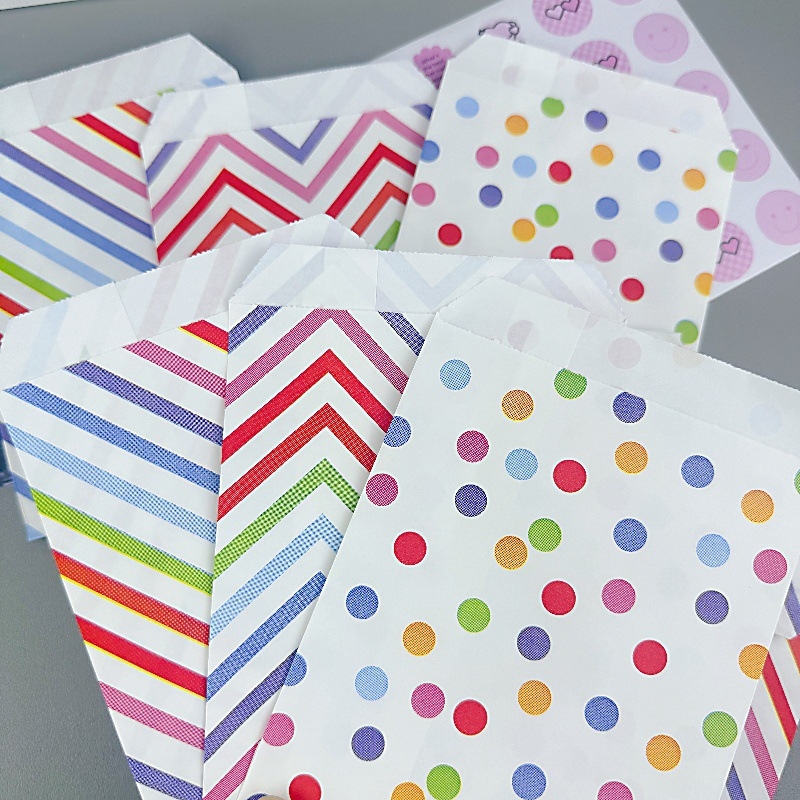 Pungi din hârtie Kraft colorate cu fundă conică, modele în valuri și buline, de unică folosință, pentru ambalare de petreceri, gustări, bomboane și produse de patiserie (12x17 cm)