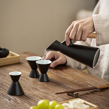 Set încălzitor de vin din ceramică neagră, stil japonez, cupe de ceramică pentru băuturi spirtoase – design antic