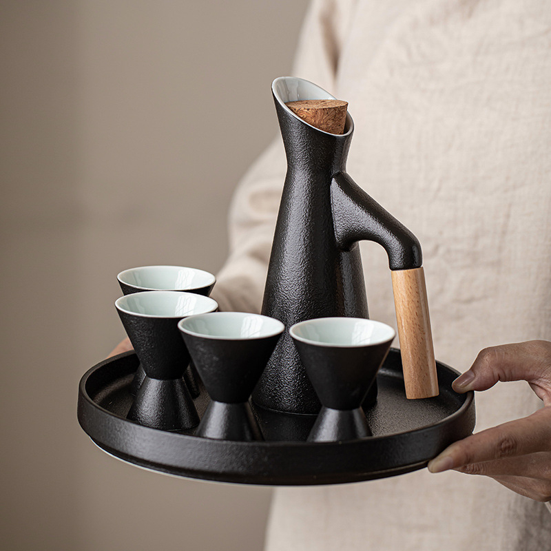 Set încălzitor de vin din ceramică neagră, stil japonez, cupe de ceramică pentru băuturi spirtoase – design antic