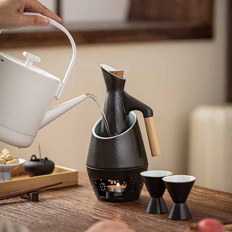 Set încălzitor de vin din ceramică neagră, stil japonez, cupe de ceramică pentru băuturi spirtoase – design antic