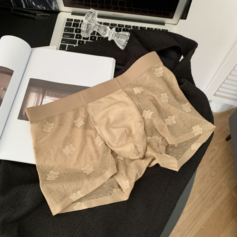 Retro smeđi medvjed jacquard čipka muške bokserice, 10A antibakterijske, s mirisom kamelije i Mulberry Silk