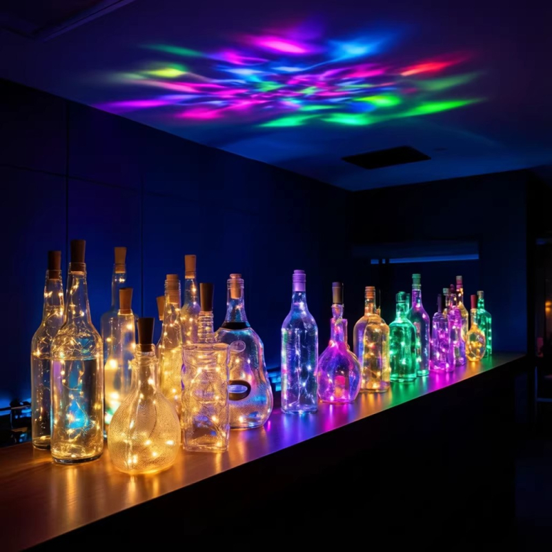 Lumină LED pentru sticle de vin cu sârmă de cupru, beculețe la capacul sticlei, decor de Crăciun