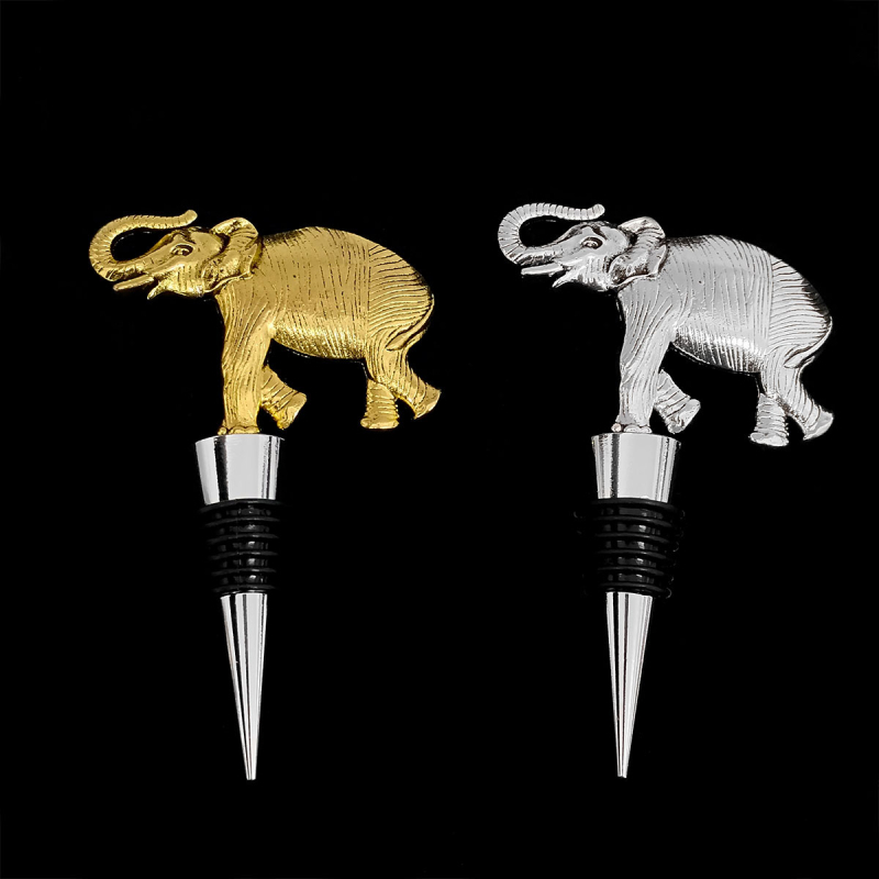 Dop de sticlă pentru vin cu elefant auriu și elefant metalic argintiu