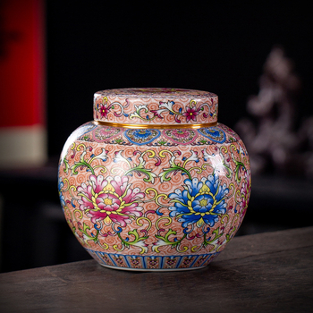 Recipient ceramic pentru ceai, cu email albastru și alb, capac mare cu filet, stil retro, etanș la umezeală, pentru ceai vrac