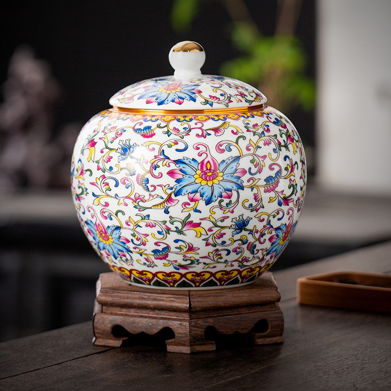 Recipient ceramic pentru ceai, cu email albastru și alb, capac mare cu filet, stil retro, etanș la umezeală, pentru ceai vrac
