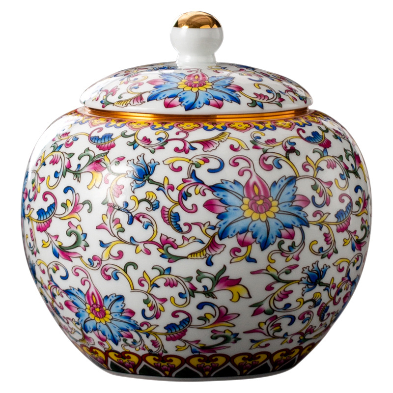 Recipient ceramic pentru ceai, cu email albastru și alb, capac mare cu filet, stil retro, etanș la umezeală, pentru ceai vrac