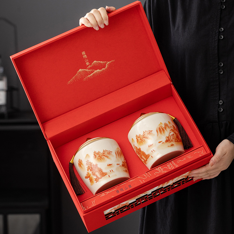 Cutie cadou din ceramică pentru ceai în stil chinezesc minimalist, cu două recipiente, cutie goală de ambalaj pentru ceai negru, ambalaj premium pentru ceai