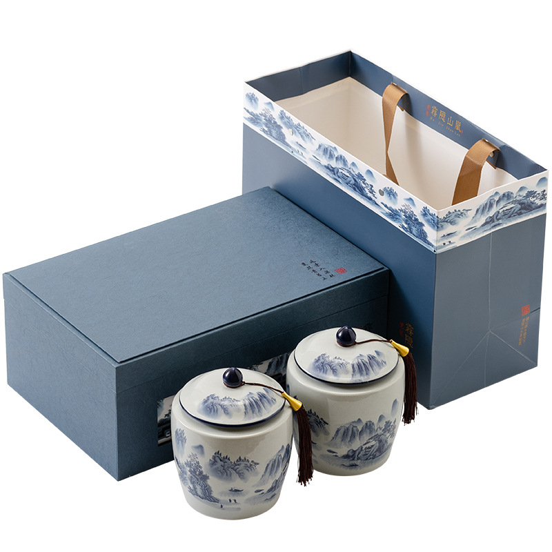 Cutie cadou din ceramică pentru ceai în stil chinezesc minimalist, cu două recipiente, cutie goală de ambalaj pentru ceai negru, ambalaj premium pentru ceai