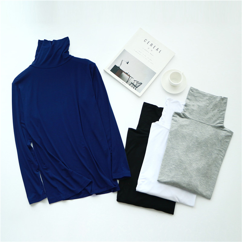Tricou bărbătesc din modal, subțire, cu mânecă lungă și guler înalt, strat de bază pentru toamnă