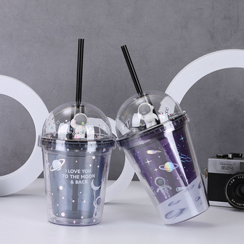 Pahar din plastic cu dublă izolație, design cer cu stele și planetă, pai, capac, schimbare de culoare termochromică, portabil