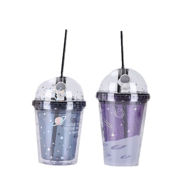 Pahar din plastic cu dublă izolație, design cer cu stele și planetă, pai, capac, schimbare de culoare termochromică, portabil