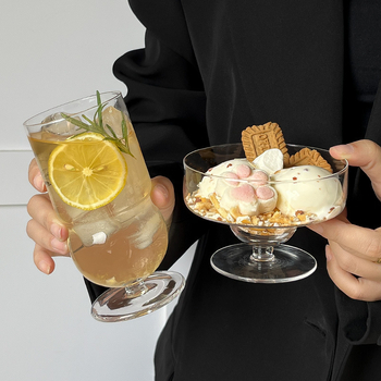 Pahar înalt din sticlă, în stil Ins, pentru ceai de fructe, cafea, ceai cu lapte, băuturi reci, apă și bol desert cu înghețată