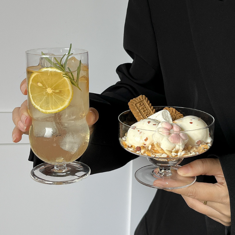Pahar înalt din sticlă, în stil Ins, pentru ceai de fructe, cafea, ceai cu lapte, băuturi reci, apă și bol desert cu înghețată