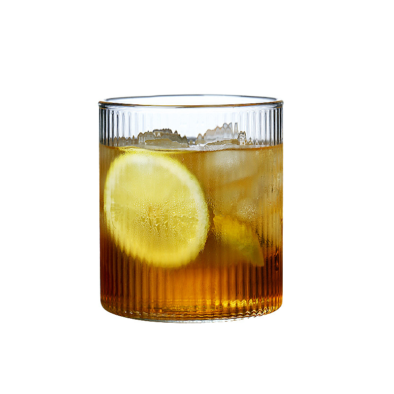 Pahar din sticlă borosilicată de înaltă calitate, stil japonez, textură ciocan și model vertical, transparent pentru apă, ceai, vin, suc sau cafea.