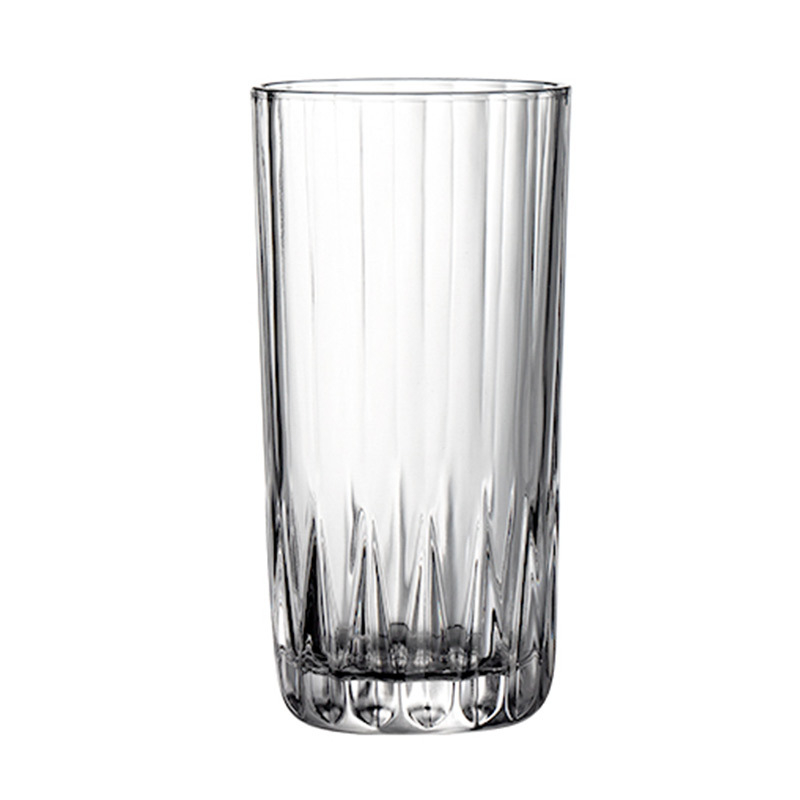Ceașcă din sticlă rezistentă la temperaturi, corp drept și design transparent cu dungi, pentru ceai, lapte, suc, cafea sau vin; potrivită pentru micul dejun acasă.